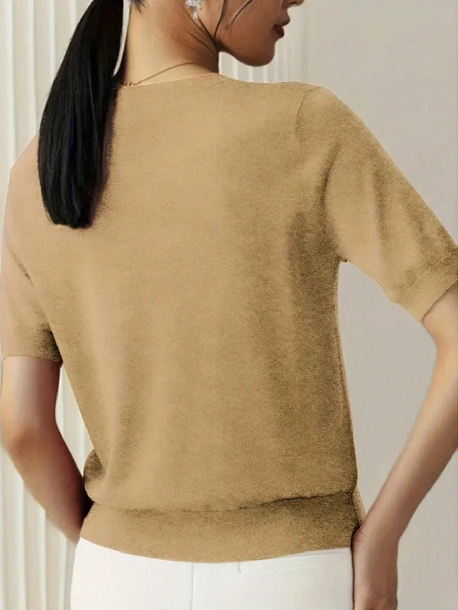 Women's Fine Rib Knit Short Sleeve Top, Fitted Stretch Tee for Layering and Work - Black