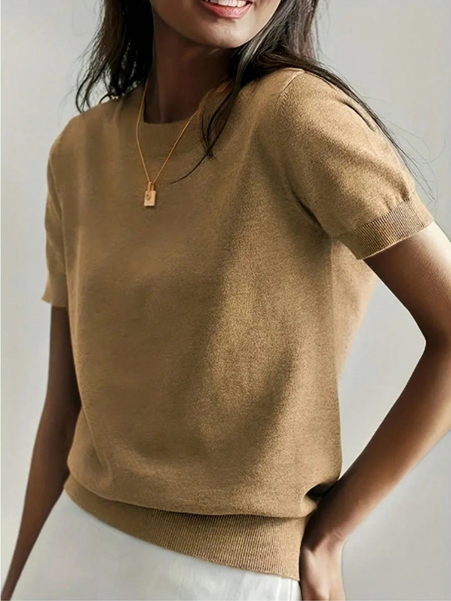 Women's Fine Rib Knit Short Sleeve Top, Fitted Stretch Tee for Layering and Work - Earthy Yellow
