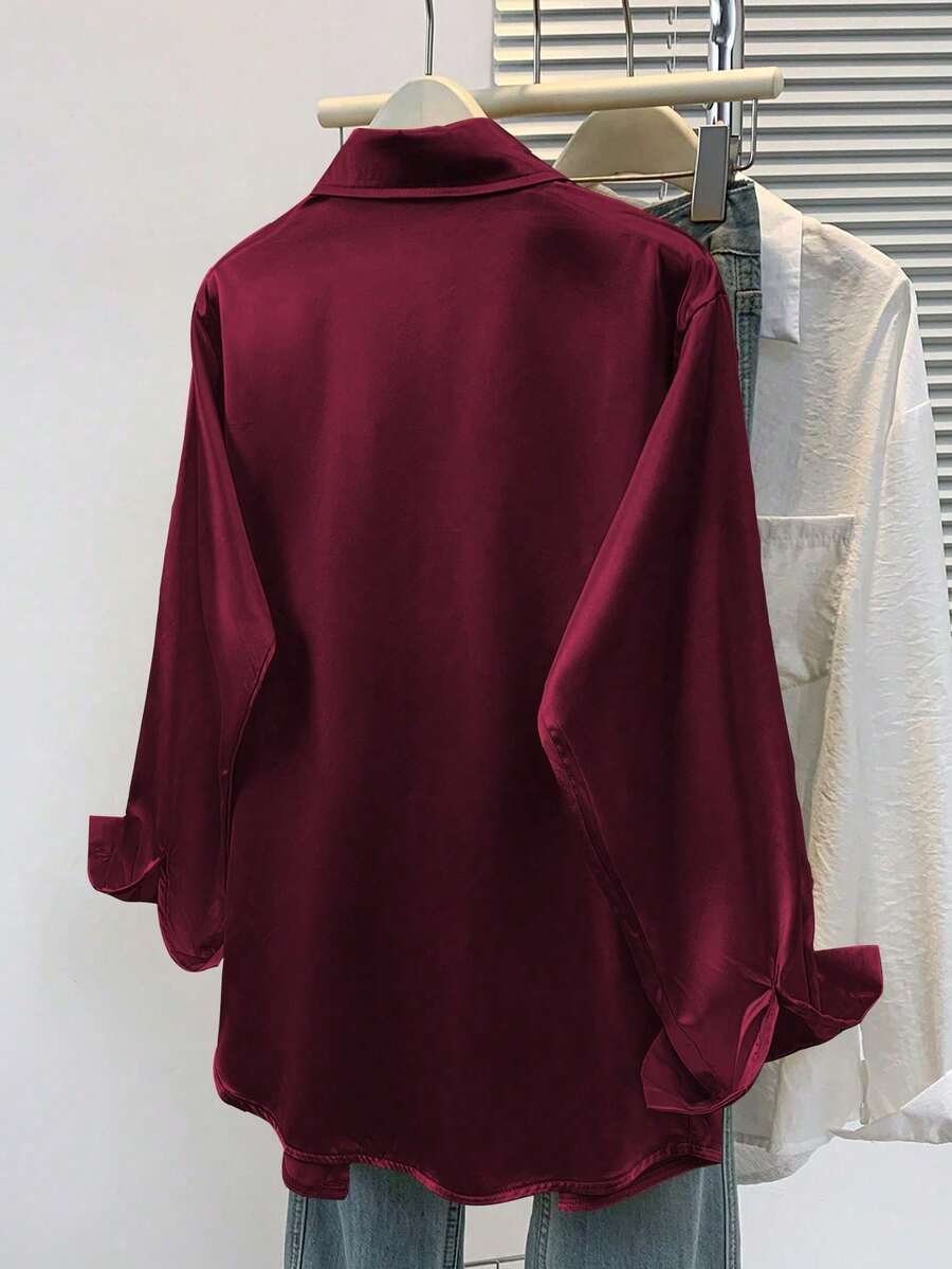 Women's Satin Button Down Shirt, Collared Long Sleeve Silky Blouse for Work and Evening - Gold