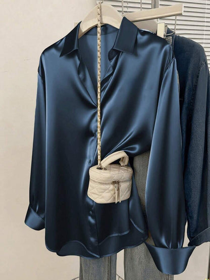 Women's Satin Button Down Shirt, Collared Long Sleeve Silky Blouse for Work and Evening - Burgundy