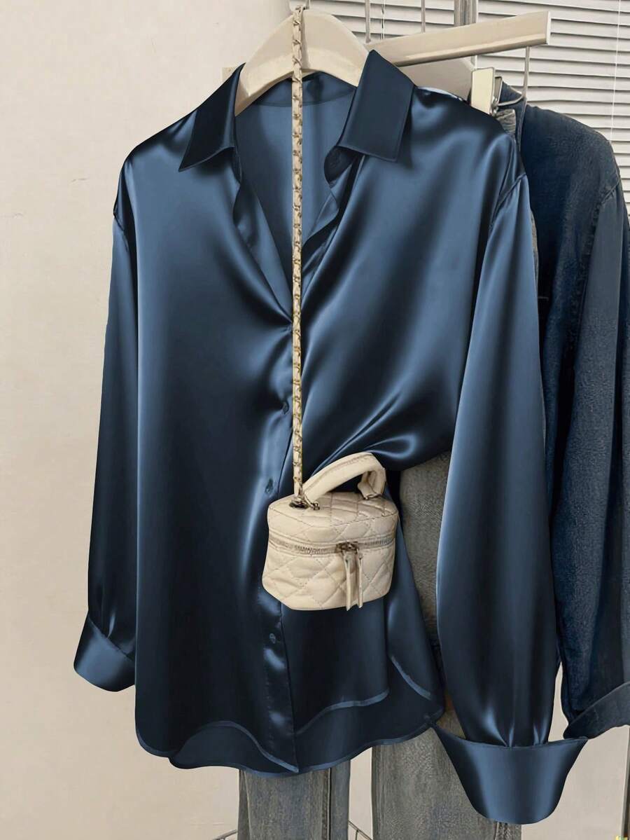 Women's Satin Button Down Shirt, Collared Long Sleeve Silky Blouse for Work and Evening - Blue