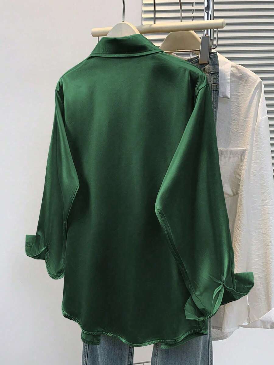 Women's Satin Button Down Shirt, Collared Long Sleeve Silky Blouse for Work and Evening - Champagne