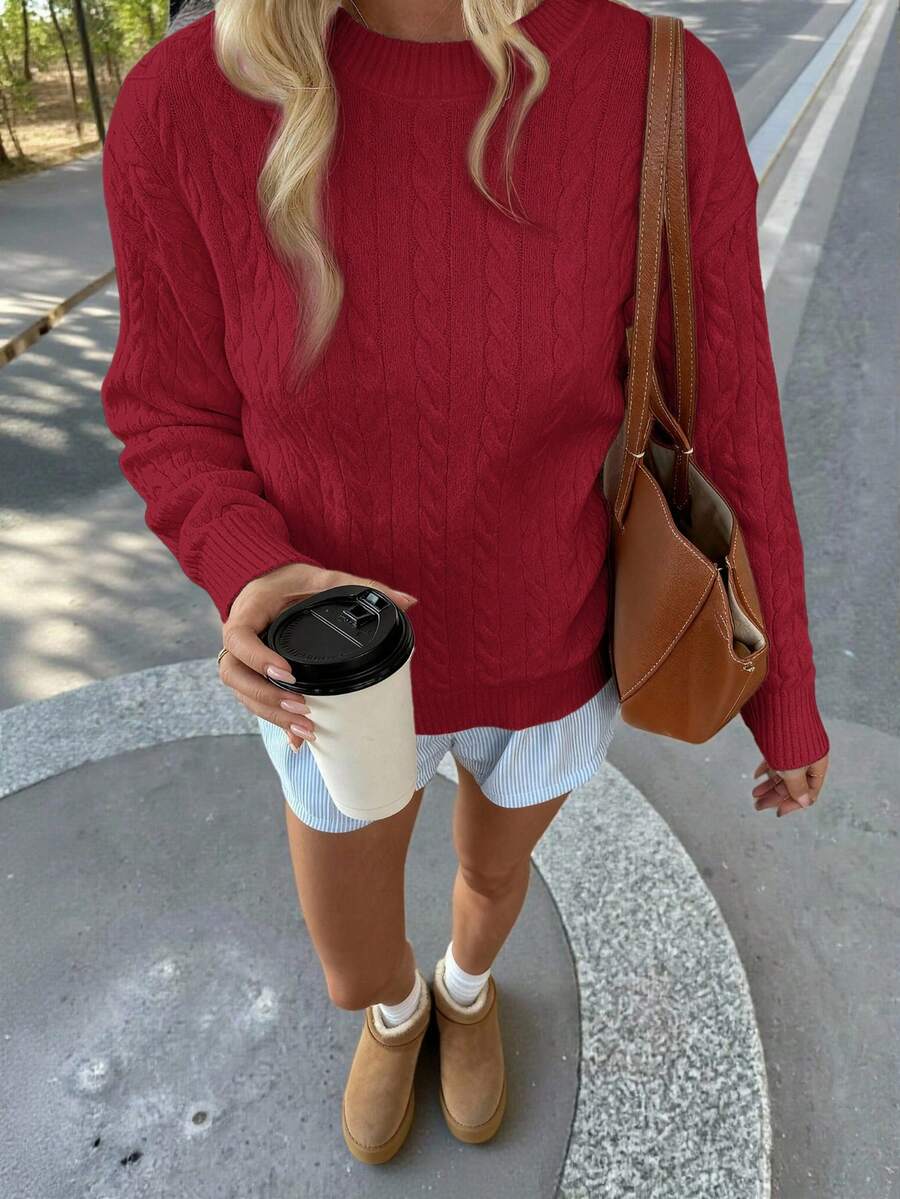 Marlowe Chunky Cable Knit Sweater Loose Crew Neck Pullover - Cherry Red