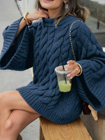 Ondine Oversized Cable Knit Sweater with Wide Bell Sleeves - Denim Blue