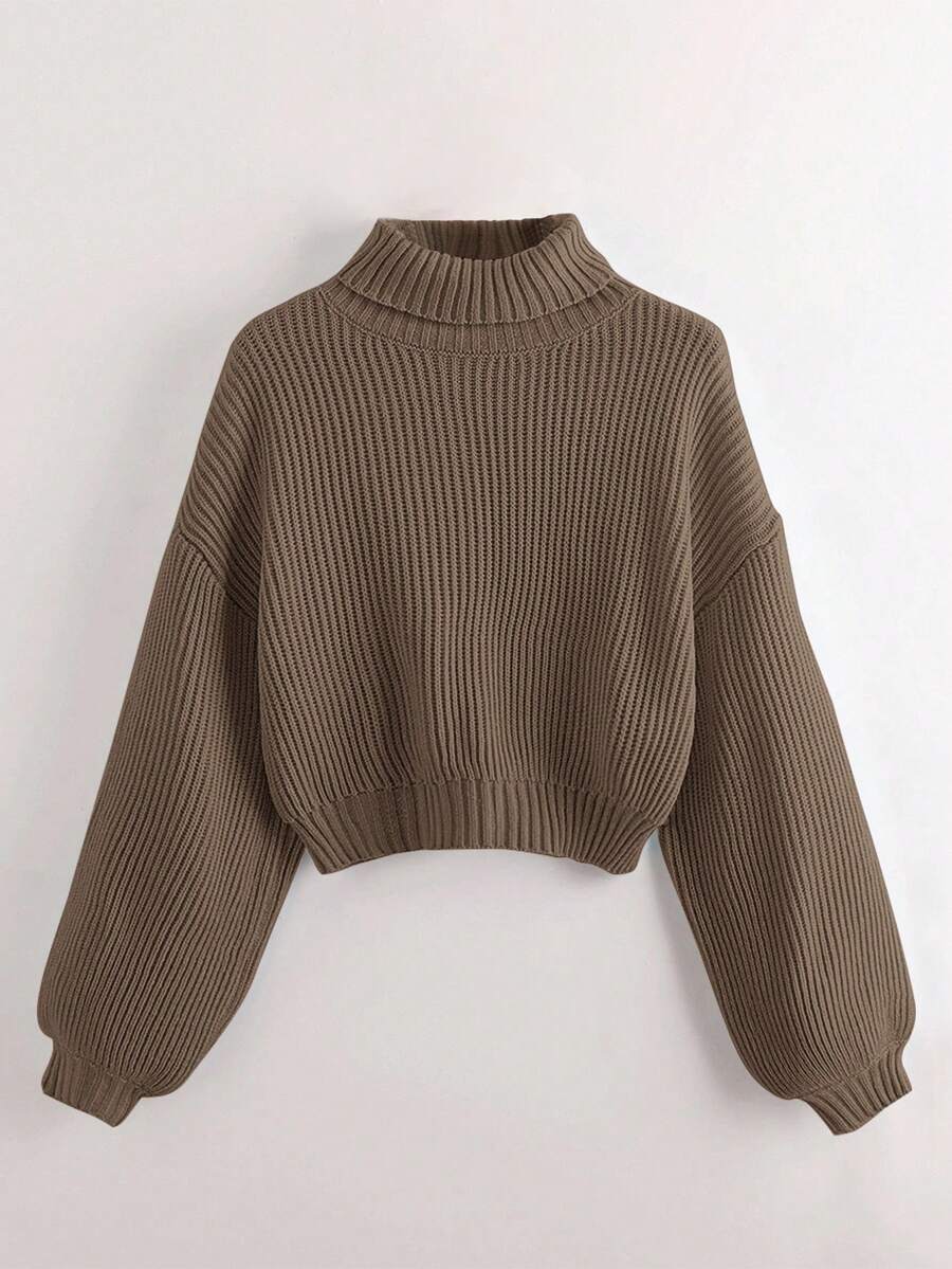 Louisa Ribbed Knit Cropped Turtleneck Pullover Sweater - Khaki
