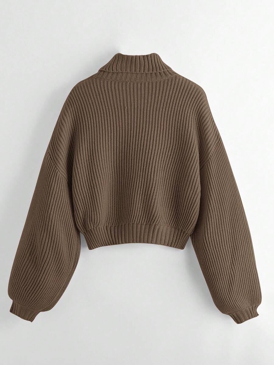 Louisa Ribbed Knit Cropped Turtleneck Pullover Sweater - Khaki