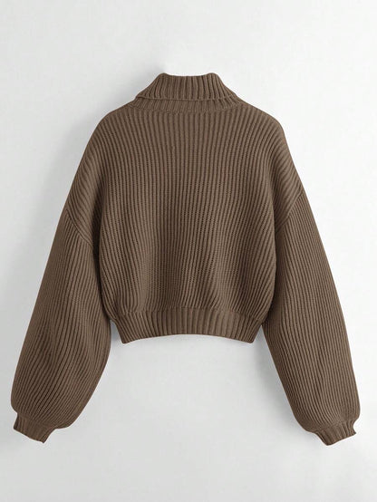 Louisa Ribbed Knit Cropped Turtleneck Pullover Sweater - Khaki
