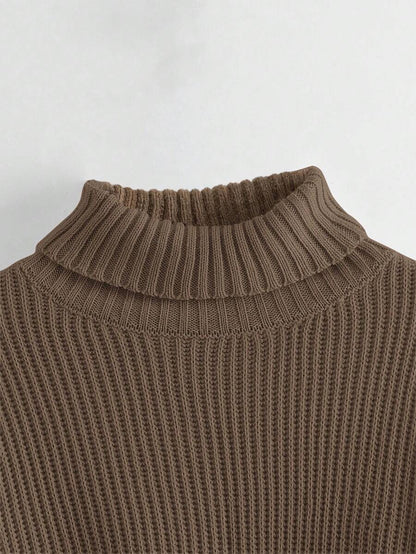 Louisa Ribbed Knit Cropped Turtleneck Pullover Sweater - Khaki
