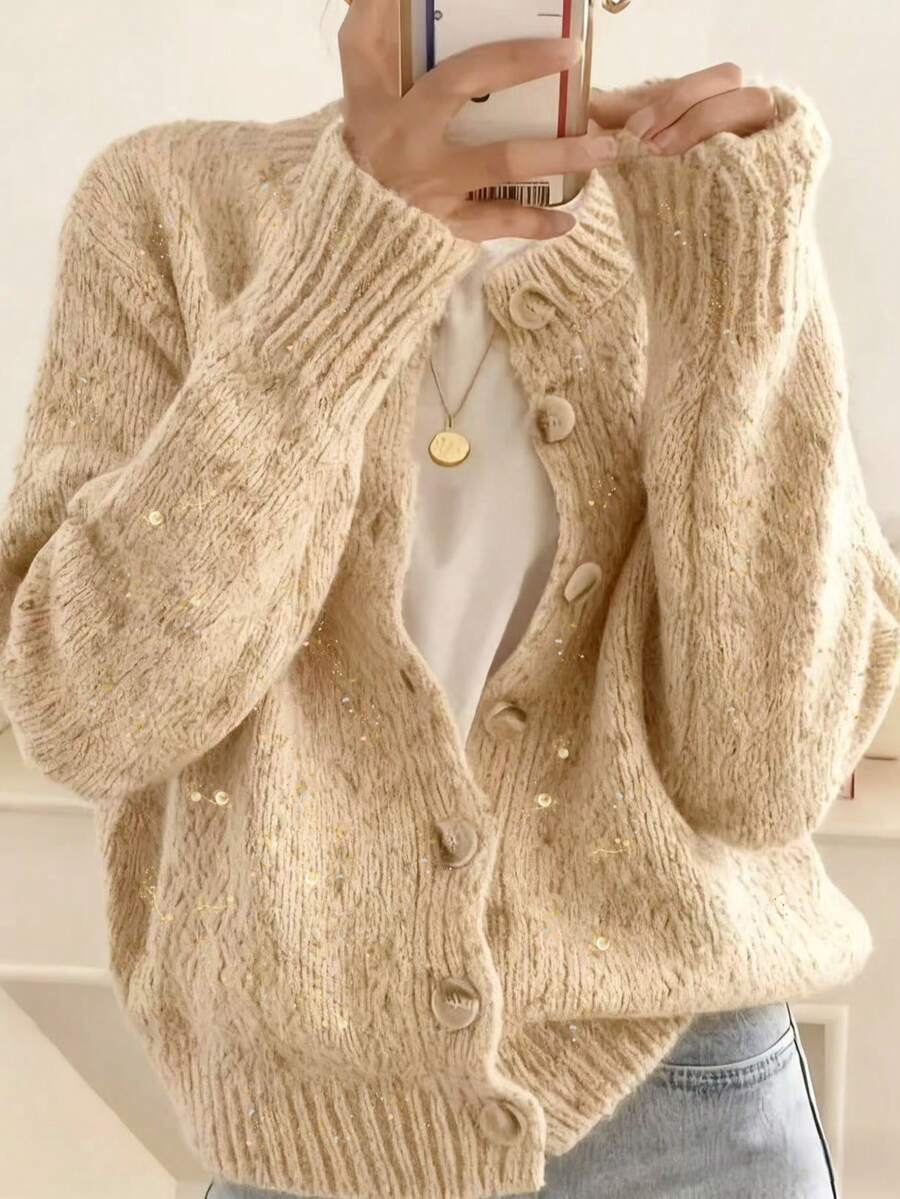 Kinsale Speckled Knit Crew Neck Button Front Cardigan