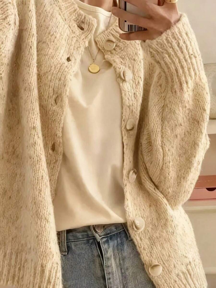 Kinsale Speckled Knit Crew Neck Button Front Cardigan
