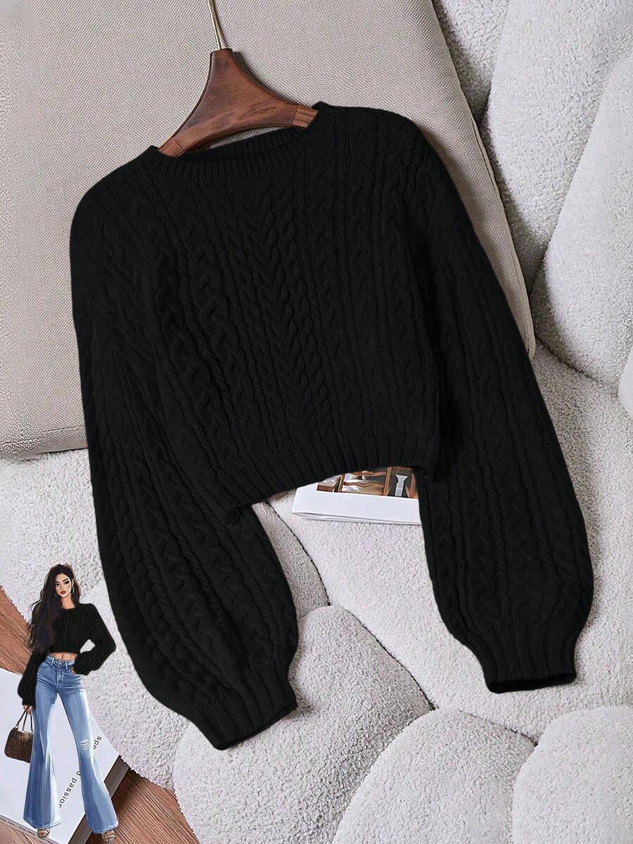 Oriana Cropped Cable Knit Sweater with Crew Neck - Black