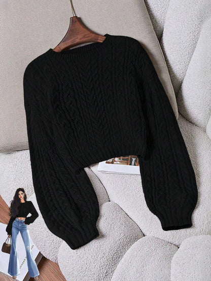 Oriana Cropped Cable Knit Sweater with Crew Neck - Black