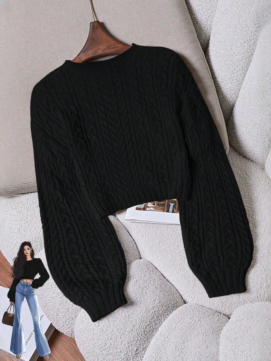 Oriana Cropped Cable Knit Sweater with Crew Neck - Black