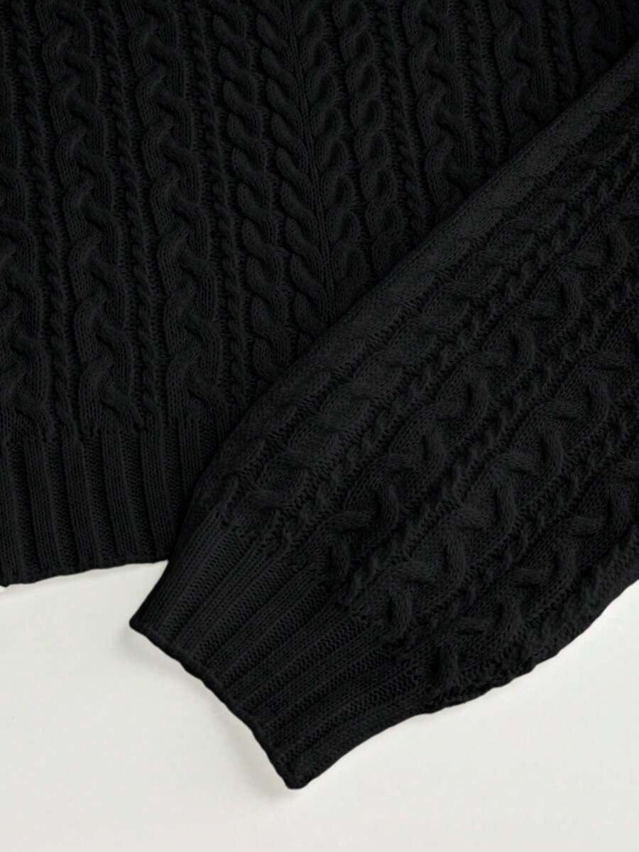 Oriana Cropped Cable Knit Sweater with Crew Neck - Black