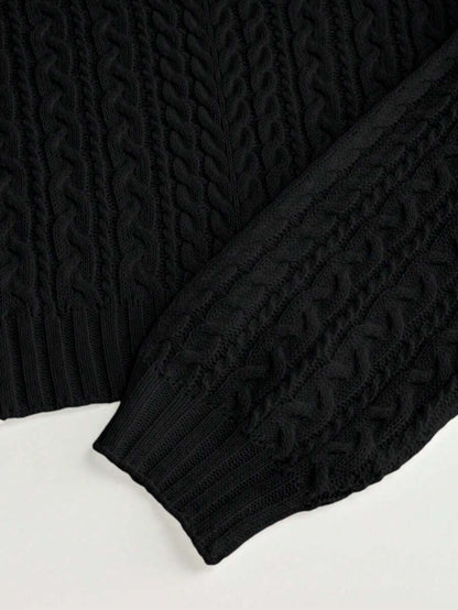Oriana Cropped Cable Knit Sweater with Crew Neck - Black