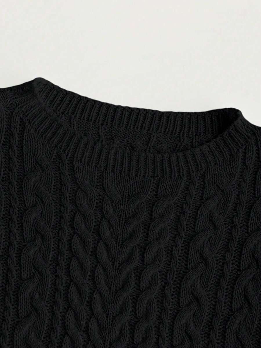 Oriana Cropped Cable Knit Sweater with Crew Neck - Black