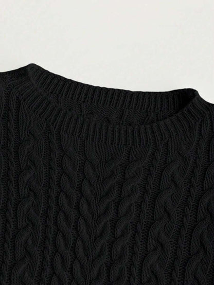 Oriana Cropped Cable Knit Sweater with Crew Neck - Black