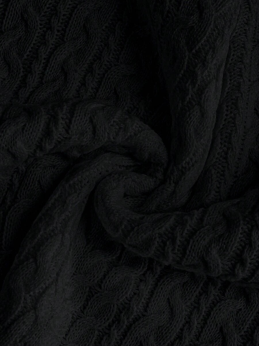 Oriana Cropped Cable Knit Sweater with Crew Neck - Black