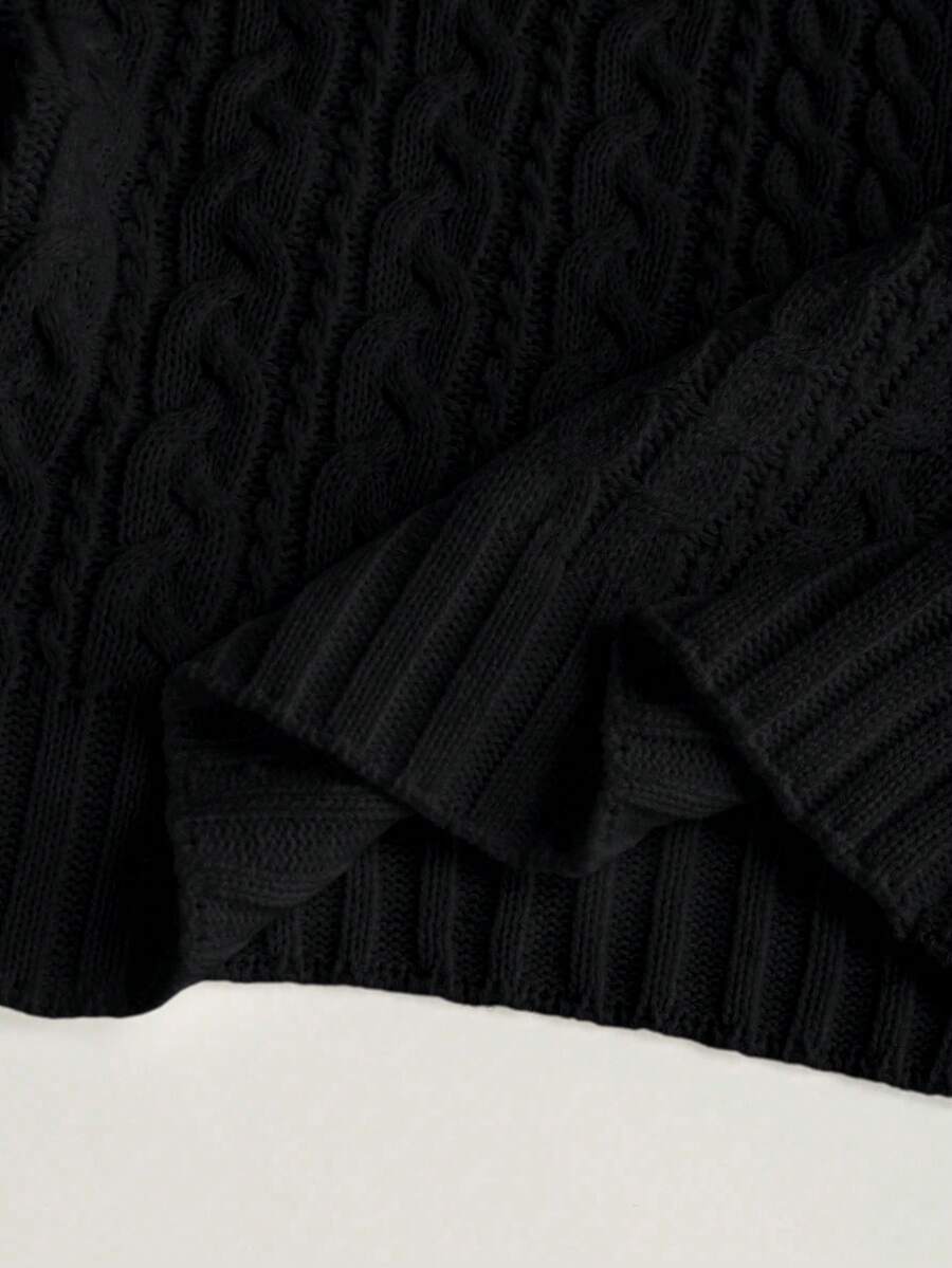 Oriana Cropped Cable Knit Sweater with Crew Neck - Black
