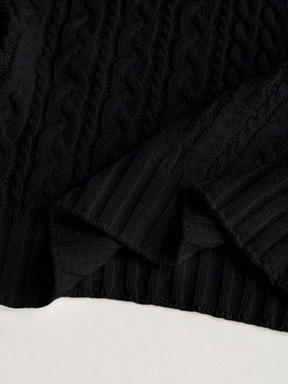 Oriana Cropped Cable Knit Sweater with Crew Neck - Black