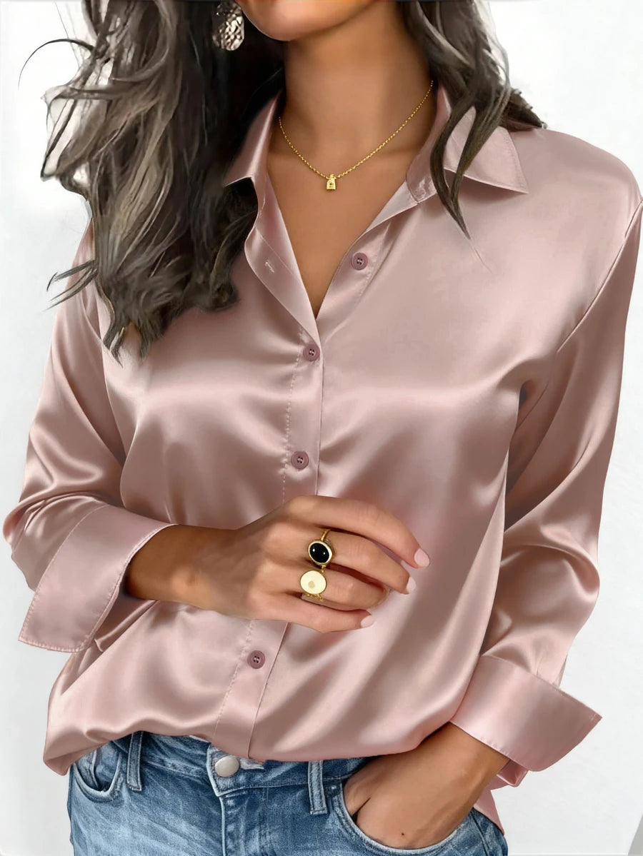 Valeria Satin Long Sleeve Button Down Collared Shirt - Rose Taupe