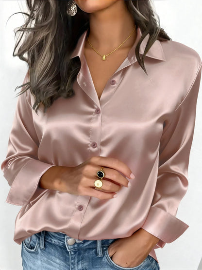 Valeria Satin Long Sleeve Button Down Collared Shirt - Rose Taupe