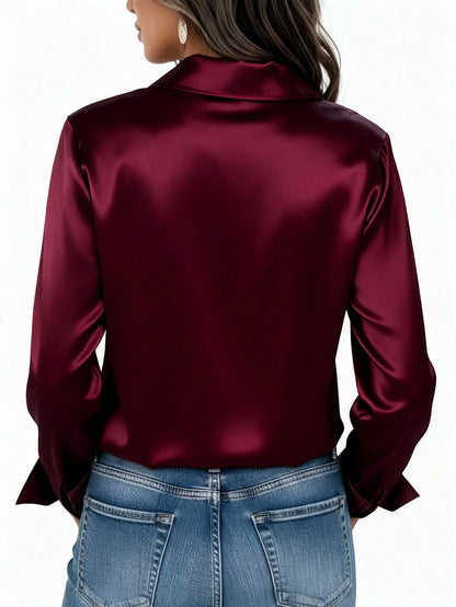 Valeria Satin Long Sleeve Button Down Collared Shirt - Burgundy