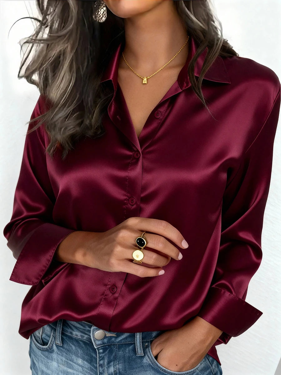 Valeria Satin Long Sleeve Button Down Collared Shirt - Burgundy