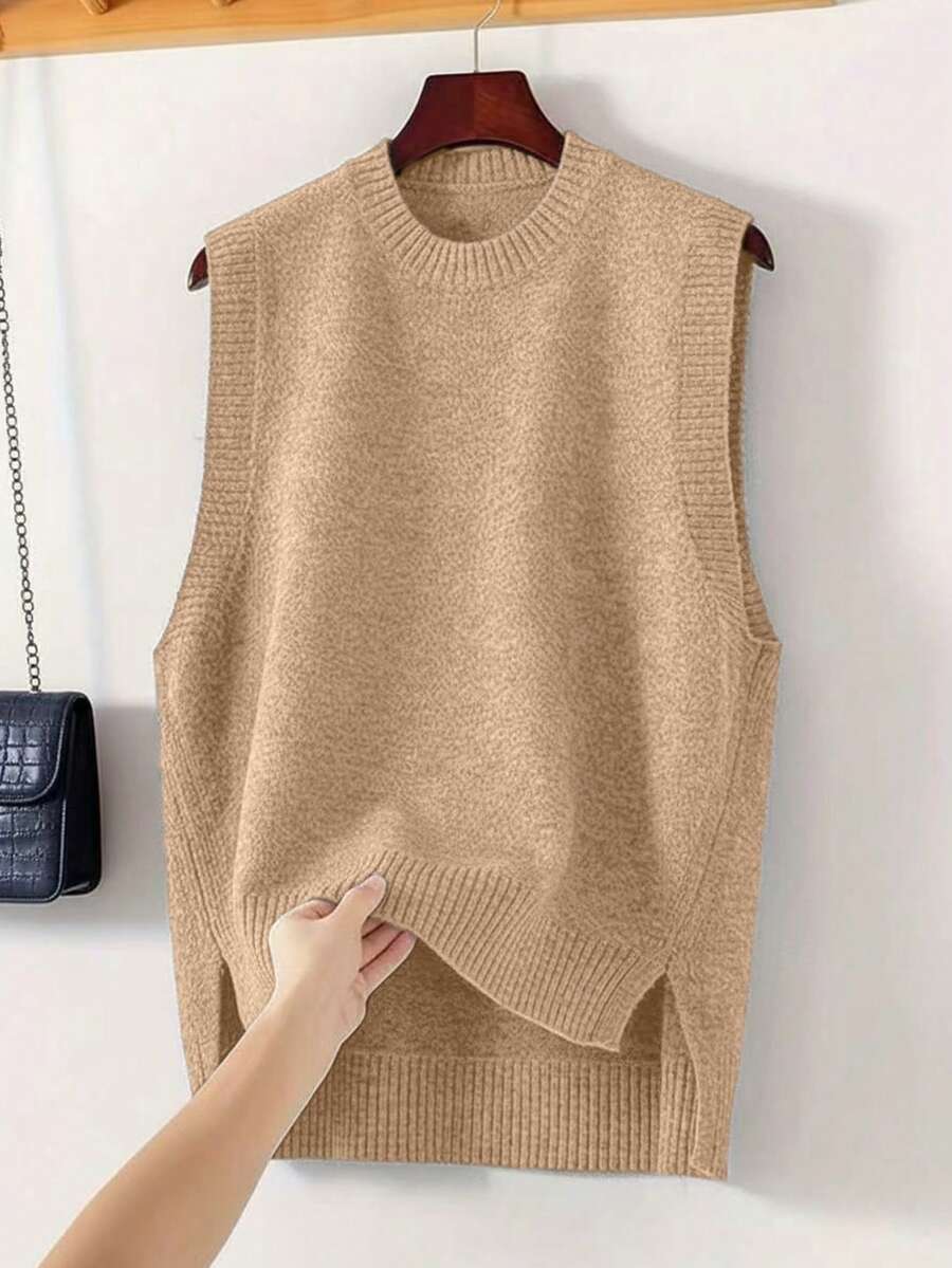 Women's Side Slit Knit Sweater Vest, Sleeveless Layering Top for Fall Work Casual - Beige