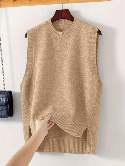 Women's Side Slit Knit Sweater Vest, Sleeveless Layering Top for Fall Work Casual - Beige