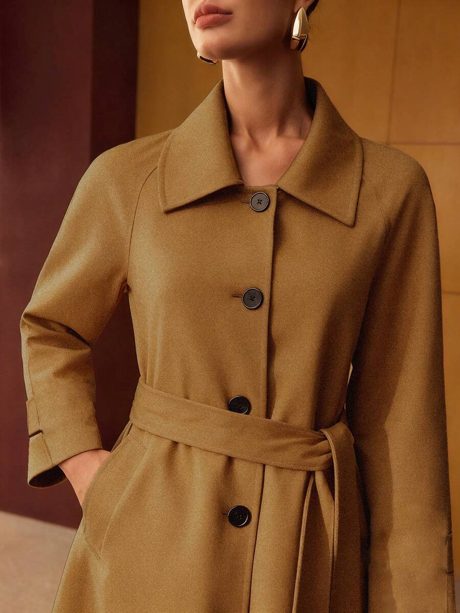 Esmeralda Wool Blend Collared Belted Midi Overcoat - Camel