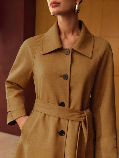 Esmeralda Wool Blend Collared Belted Midi Overcoat - Camel