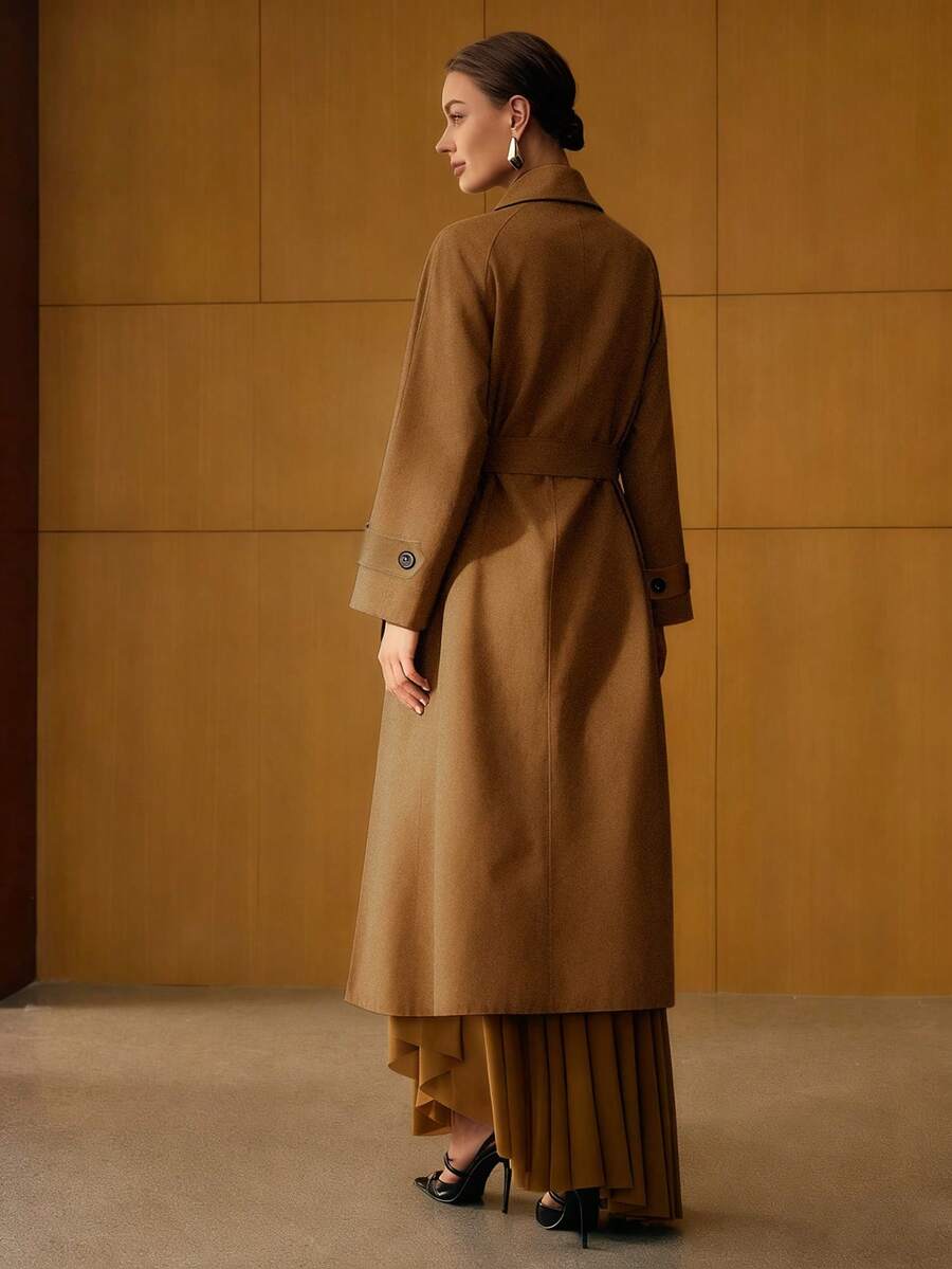 Esmeralda Wool Blend Collared Belted Midi Overcoat - Navy Blue