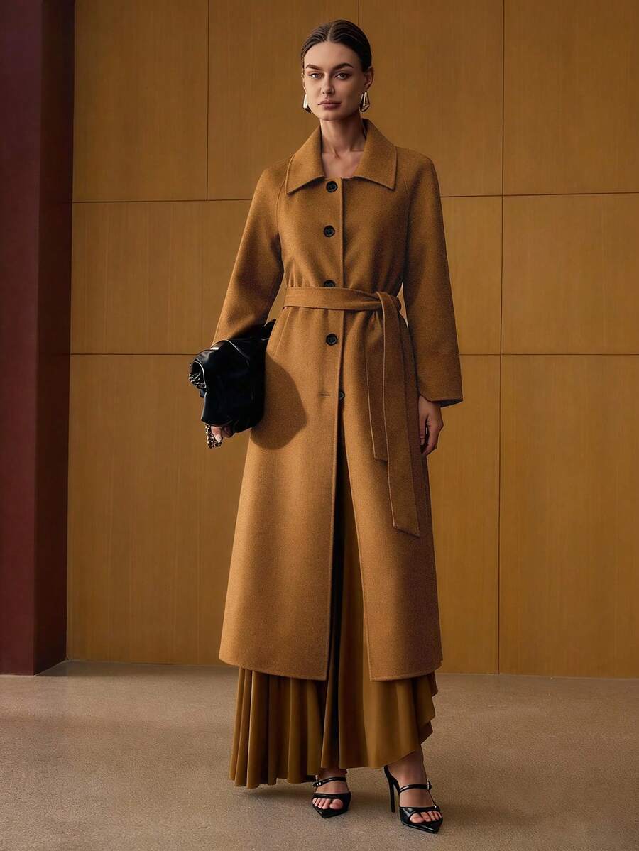 Esmeralda Wool Blend Collared Belted Midi Overcoat - Camel