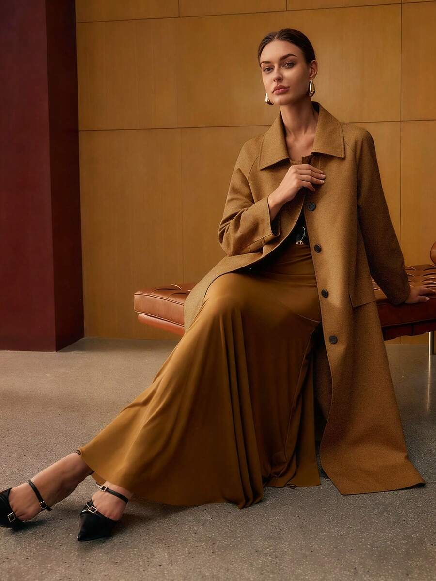 Esmeralda Wool Blend Collared Belted Midi Overcoat - Navy Blue