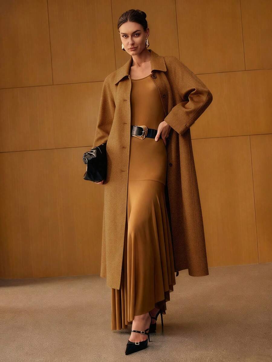 Esmeralda Wool Blend Collared Belted Midi Overcoat - Camel
