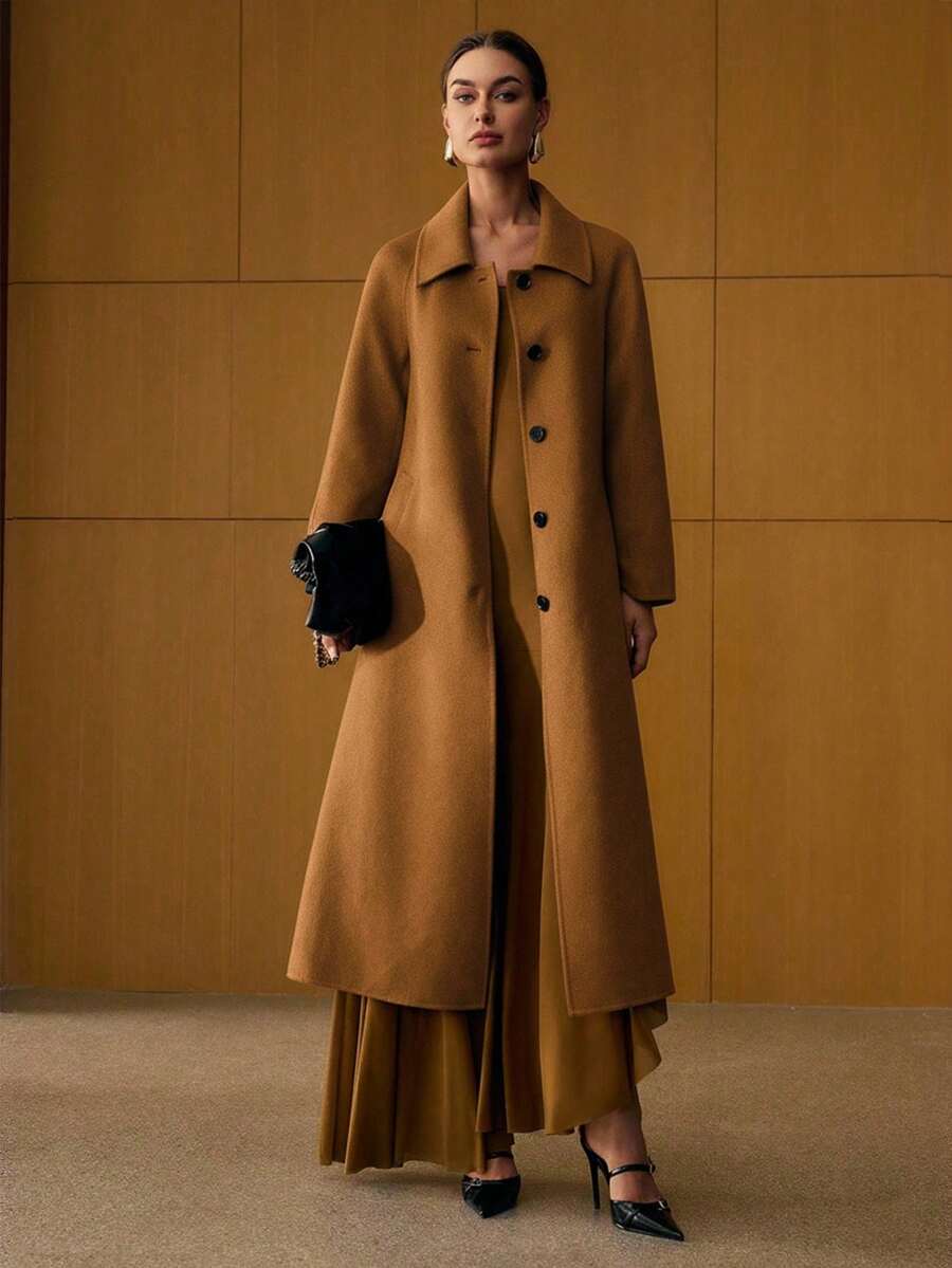 Esmeralda Wool Blend Collared Belted Midi Overcoat - Camel