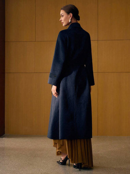 Esmeralda Wool Blend Collared Belted Midi Overcoat - Navy Blue