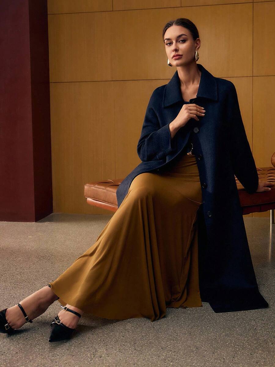 Esmeralda Wool Blend Collared Belted Midi Overcoat - Navy Blue