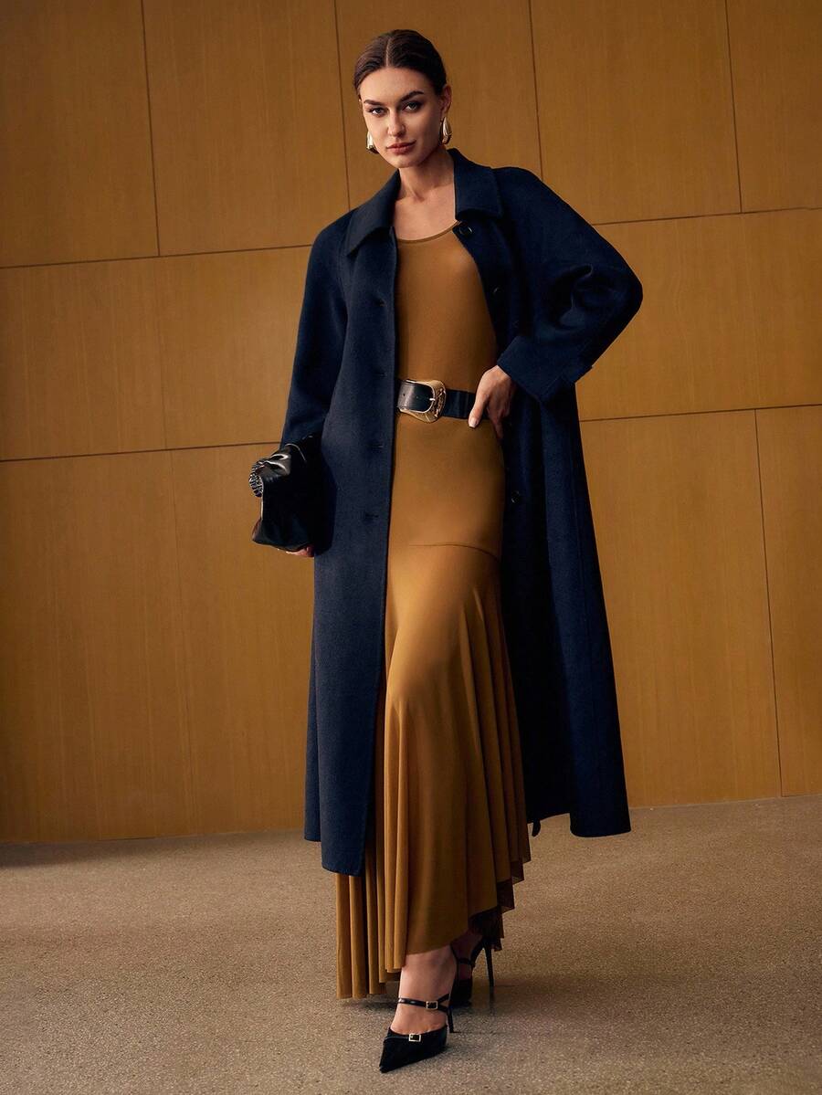 Esmeralda Wool Blend Collared Belted Midi Overcoat - Camel