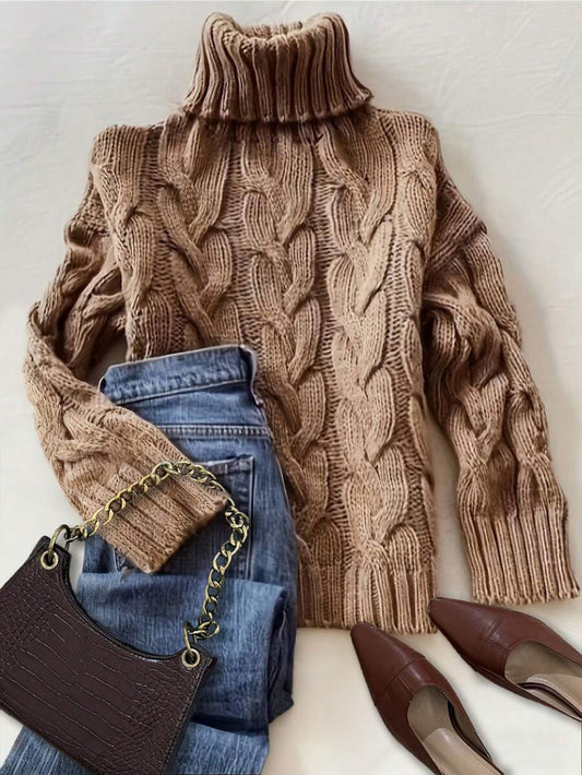 Harriet Cable Knit Turtleneck Relaxed Pullover Sweater - Brown