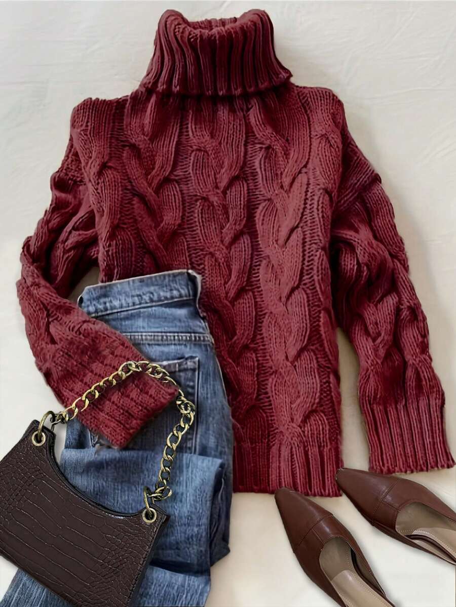 Harriet Cable Knit Turtleneck Relaxed Pullover Sweater - Burgundy