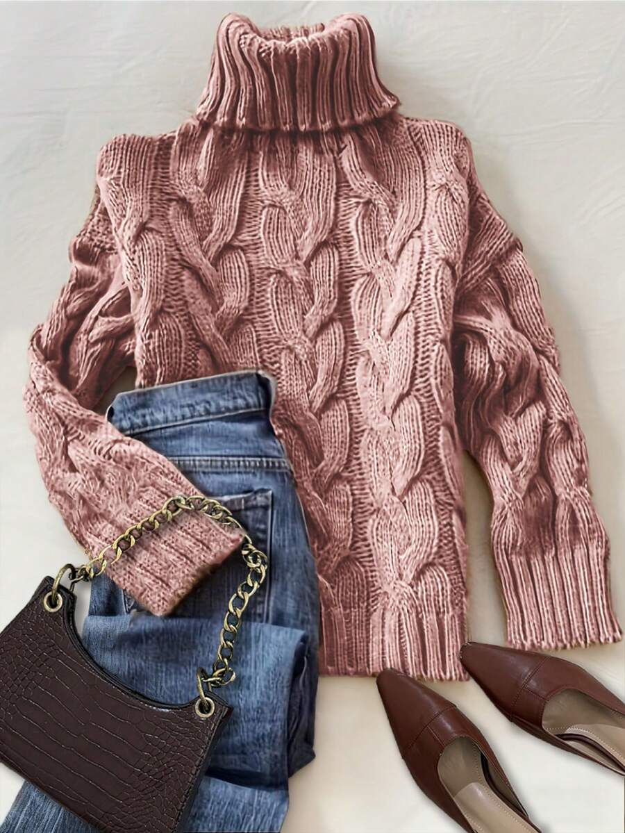 Harriet Cable Knit Turtleneck Relaxed Pullover Sweater - Pink