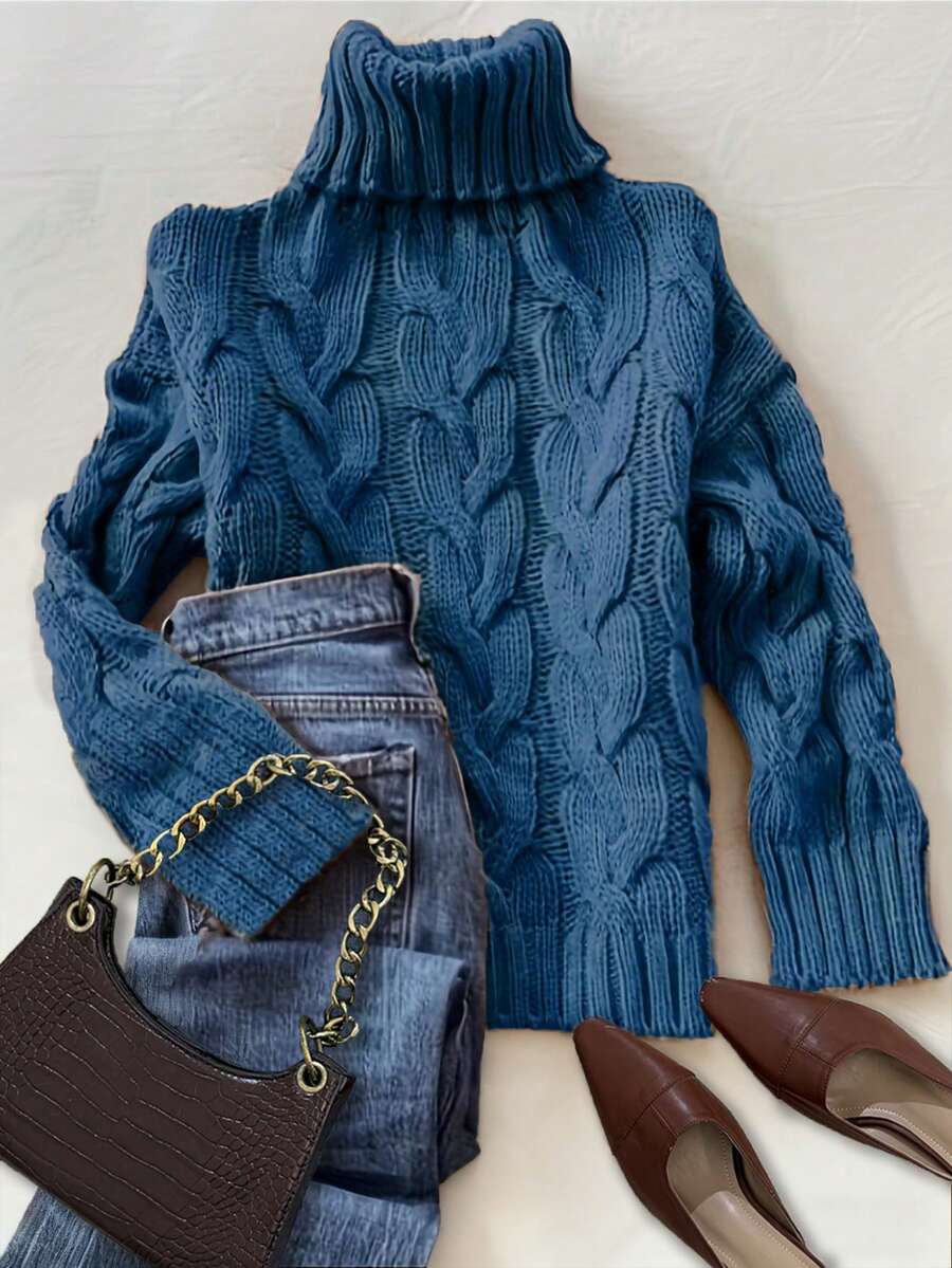 Harriet Cable Knit Turtleneck Relaxed Pullover Sweater - Blue