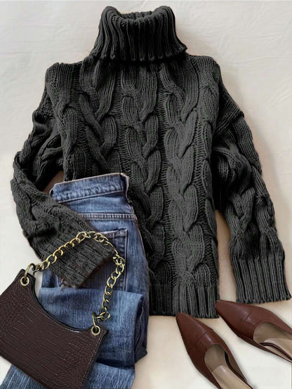 Harriet Cable Knit Turtleneck Relaxed Pullover Sweater - Black
