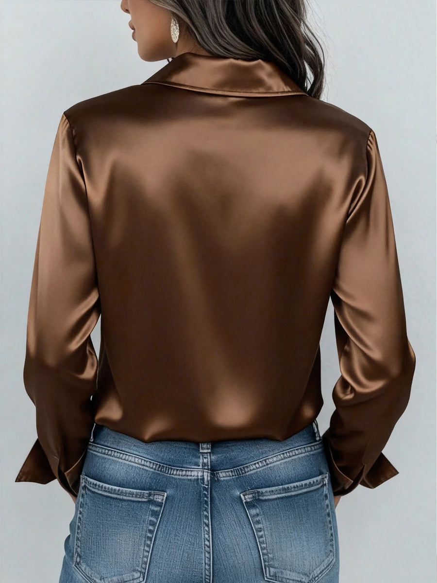 Valeria Satin Long Sleeve Button Down Collared Shirt - Chocolate Brown