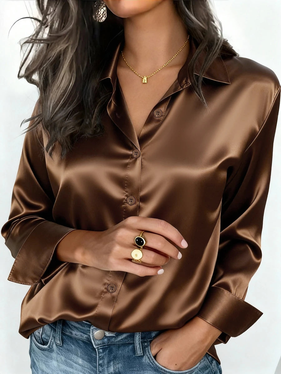 Valeria Satin Long Sleeve Button Down Collared Shirt - Chocolate Brown