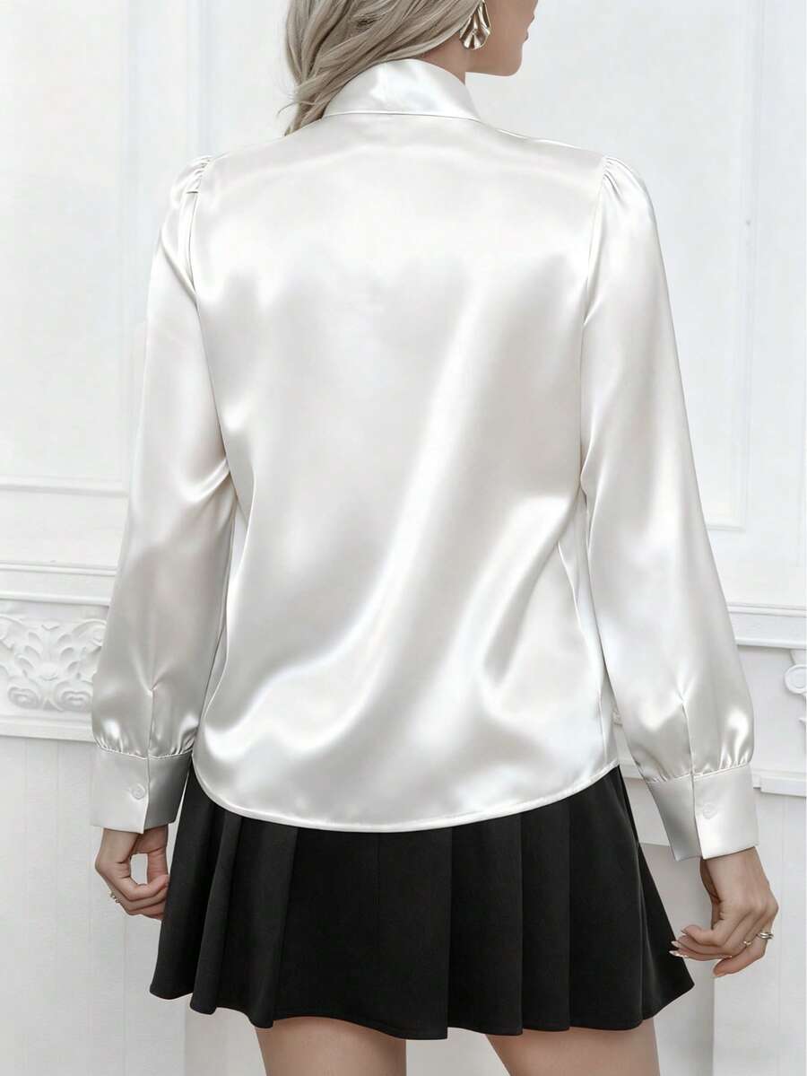 Versailles Satin Bow Tie Neck Long Sleeve Blouse