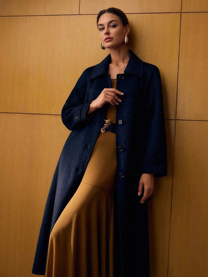 Esmeralda Wool Blend Collared Belted Midi Overcoat - Navy Blue