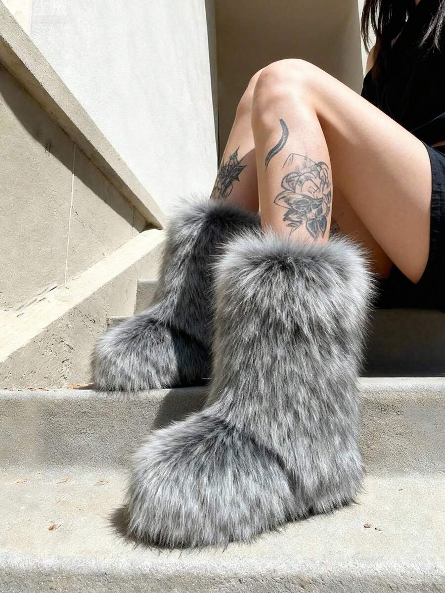 Women's Winter Furry Snow Boots Fuzzy Fluffy Round Toe Suede Booties Flat Heel Slip On Outdoor Indoor Shoes Fashion Warm Fluffy Shoes Mensa